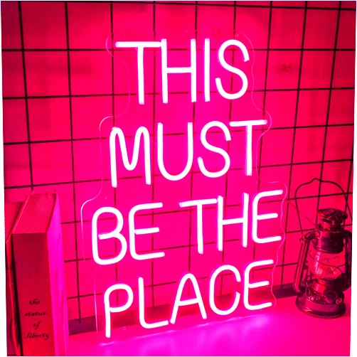BIOIWGY Neon Sign This Must Be The Place Neon Signs for Wall Decor Dimmable Flashing Neon Light Led Sign for Bedroom Bar Anniversaries Wedding Party Cafe Light Up Sign (pink)