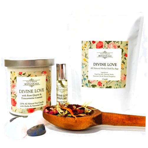 Art of the Root Divine Love Pure & Natural Ritual Kit 100% Natural & Non-Toxic for Compassion, Trust, Faith & Hope with 1 Candle,a Roll-On Perfume Oil & 3 Herbal Tea Bath Bags Pagan Hoodoo Conjure Wiccan