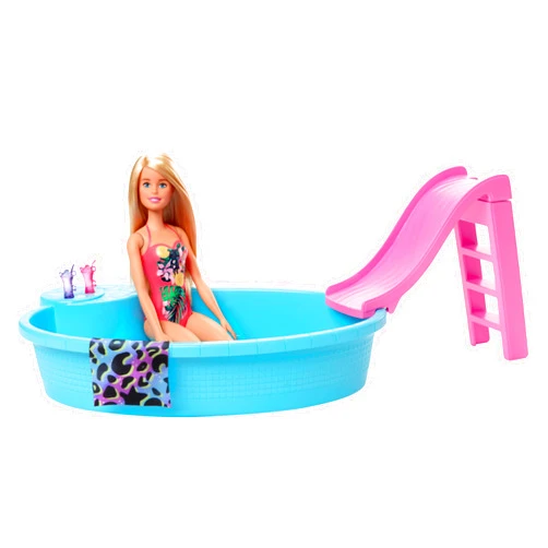Barbie Doll & Pool Playset with Pink Slide, Beverage Accessories & Towel, Blonde Doll in Tropical Swimsuit