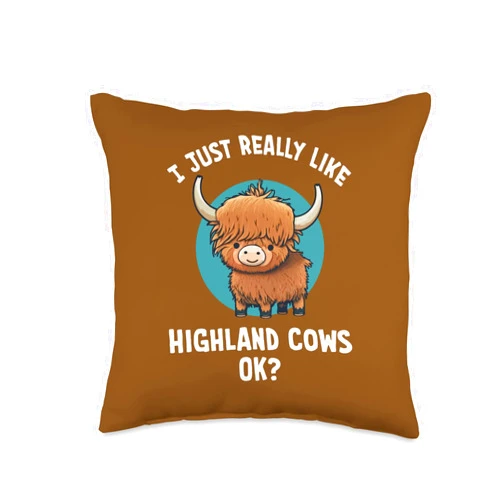Presto Funny Cute Cartoon Highland Cow Teez Funny Cute I Just Really Like Highland Cows OK Cartoon Throw Pillow, 16x16, Multicolor