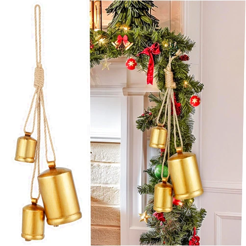 Minetom Set of 3 Christmas Bells, Decoraitve Brass Bells with Jute Hanging Rope for Chritmas Decor Wreath Garland Tree Doors Windows Rustic Home Decor, Vintage Iron Bells,Gold