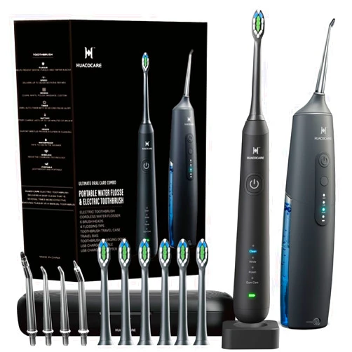 HUACO CARE 2-1 Oral Clean Kit- Water Dental flosser & Electric Toothbrush Combo- Brushing & Flossing- for Teeth Cleaning and Gum Health (Black)