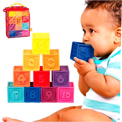 B. toys – Baby Blocks – Stacking & Building Toys For Babies – 10 Soft & Educational Blocks- Numbers, Shapes, Colors, Animals- One Two Squeeze- 6 Months +