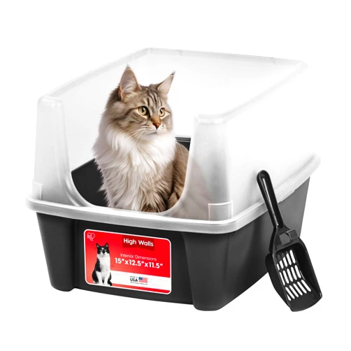 IRIS USA Large Open Top Cat Litter Box with High Sided Walls Tall Scatter Shield Scoop Included Easy Clean Plastic Pan Stain Resistant for Big Cats Kittens Indoor Multi-Cat Households