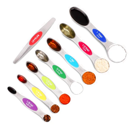 PAKITNER Magnetic Measuring Spoons Set, Dual Sided, Stainless Steel, Fits in Spice Jars, Multi-Color, Set of 8