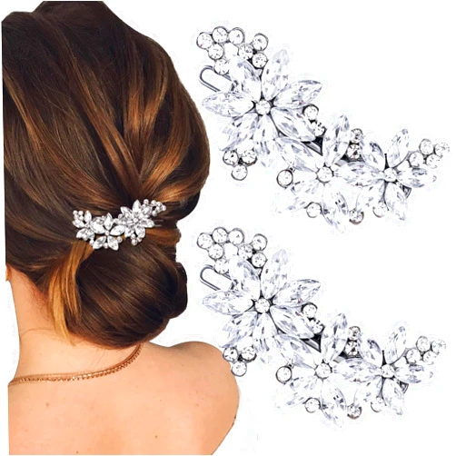 ANCIRS 2pcs Crystal Flower Hair Clips for Wedding, Silver Wedding Hair Pins, Rhinestone Flower Hair Accessories for Bridal Brides Women