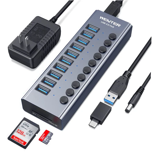 WENTER Powered USB 3.0 Hub, Wenter 10 Ports 36W Powered USB Hub, Aluminum USB Splitter with Individual On/Off Switches, SD/TF Card Readers and 12V/3A Power Adapter for PC/Laptops/MacBook Pro/Air/iMac/iPad