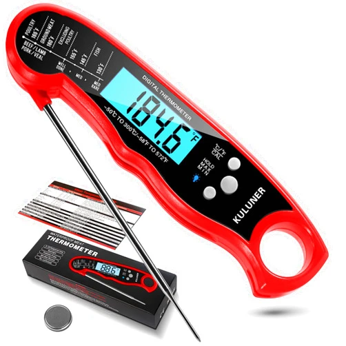 KULUNER TP-01 Waterproof Digital Instant Read Meat LCD Thermometer with 4.6” Folding Probe Backlight & Calibration Function for Cooking Food Candy, BBQ Grill, Liquids,Beef（Red）