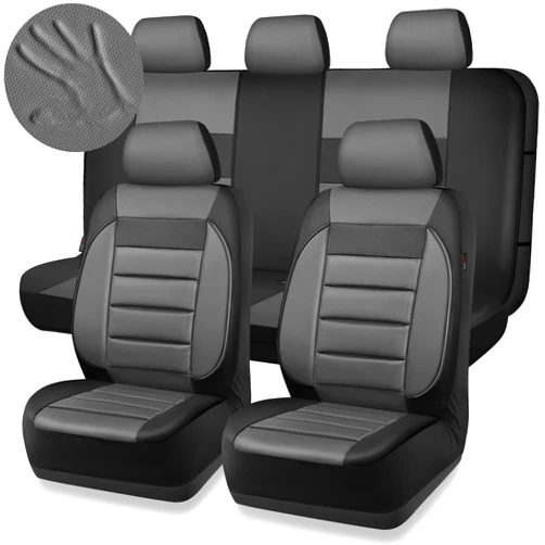 CAR PASS Leather Seat Covers Full Set Universal Water Resistant 3D Foam Back Support, Luxury Comfort Automotive 5 Seat Covers All Season Fit for SUV,Sedan,Van, Airbag Compatible Elegance(Gray Black)