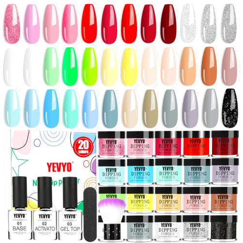 YEVYO Dip Powder Nail Kit Starter, 20 Colors Fast Dry Powder Nail Dipping kit, with Base & Top Coat Activator Dip Nail Kit for French Nail Art Manicure DIY