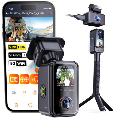 Vantrue E360 ACE 5.2K 360° Panoramic WiFi Dash Cam, Handheld Action Camera, STARVIS 2, HDR, IR Night Vision, Front Rear Inside Dashcam, Voice Control, GPS, 24/7 Parking Mode, Support LTE & 512GB Max