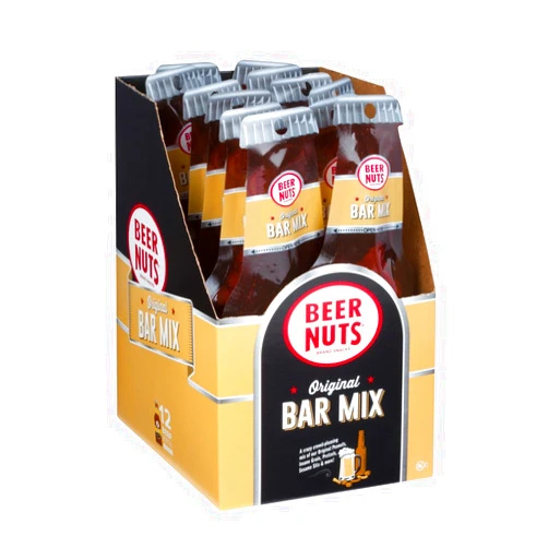 BEER NUTS Original Bar Mix - Pretzels, Cheese Stix, Sesame Stix, Insane Grain - Beer Bottle Bags 12 Pack Box - 1.125oz Individual Bags
