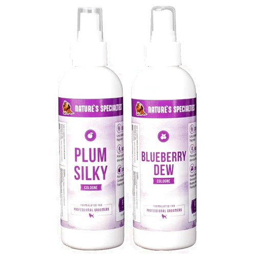 Nature's Specialties Dog Cologone 8 oz. Bundle - Plum Silky Cologne, Sweet Plum Scent, Ready to Use, Finishing Spray + Blueberry Dew Cologne, Blueberry Scent, Ready to Use, Finishing Spray