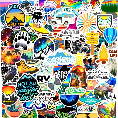 Debinolo 200 Pieces Outdoor Hiking Stickers,Camping Sticker Pack Waterproof Vinyl Travel Nature Decal for Water Bottles lapto Cup Car, Wilderness Nature for Camper, Luggage