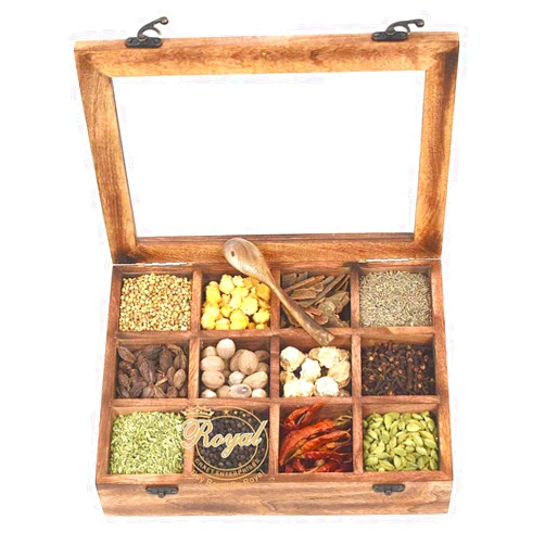 Galaxy Indiacraft Wooden Multipurpose Utility Table Top Spice Box | Removable Containers | Jars Cum Kitchen and Dry Fruit Box with Spoon (4 Multi-Compartments)