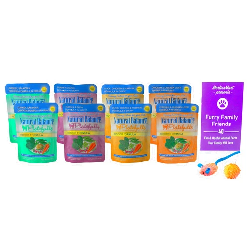 HJZWTS Natural Balances Platefulls Wet Cat Food 4 Flavor 8 Pouch Variety (2) Each: Turkey Salmon Chicken, Turkey Duck, Duck Chicken, Chicken & Liver (3 Oz) Plus 2 Toys and Fun Facts Booklet Bundle