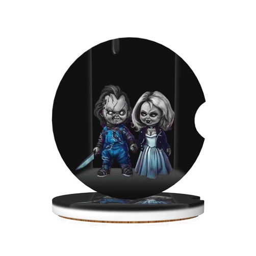 Aehizcxou Horror-Movie-Chuc-ky Car Coasters for Cup Holders Automotive Accessories Interior Cup Mat 2 Pcs with A Finger Notch