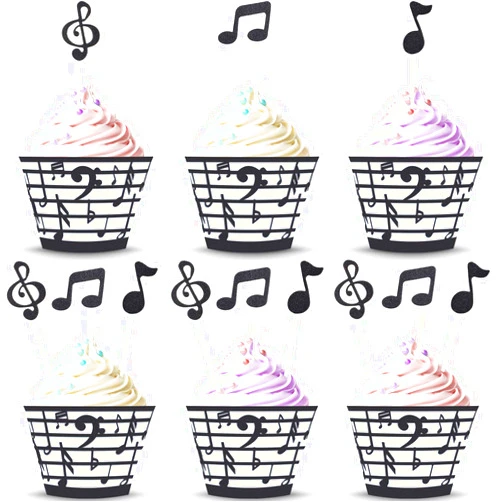 Boao 48 Pieces Music Note Cupcake Toppers and Wrappers Musical Symbol Lace Cupcake Liners Paper Baking Cup and Food Picks Toothpicks for Birthday Cake Decorations Wedding Party Favors Supplies