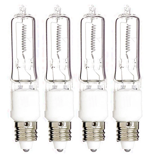 KOR Pack of 4 – 100 Watt JDE11 Halogen candelabra bulb – 100W T4 120V Light Bulbs-Clear Finish -E11 Mini-Candelabra Base T4 Bulb–Dimmable-Warm White– Q100CL/MC, for Chandeliers, Pendants, Cabinet Lighting