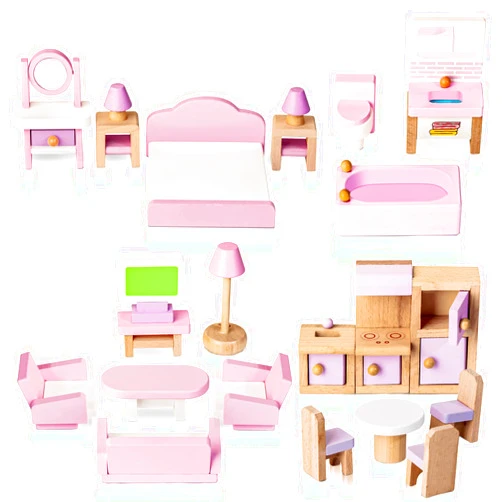 Lawcephun Wooden Dollhouse Furniture Set, 22 Pcs Miniature Dollhouse Accessories Including 5 Room Kits, Little People House Furniture, Doll House Furniture Toys Gift for Girls Boys Age 3+