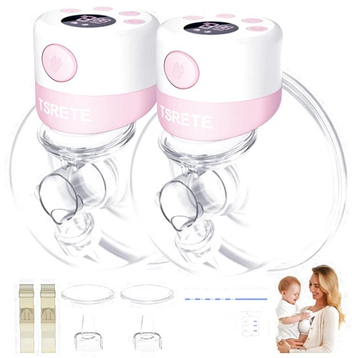 TSRETE Double Wearable Breast Pump, Electric Hands-Free Breast Pumps with 2 Modes, 9 Levels, LCD Display, Memory Function Rechargeable Milk Extractor-24mm Flange, Pink