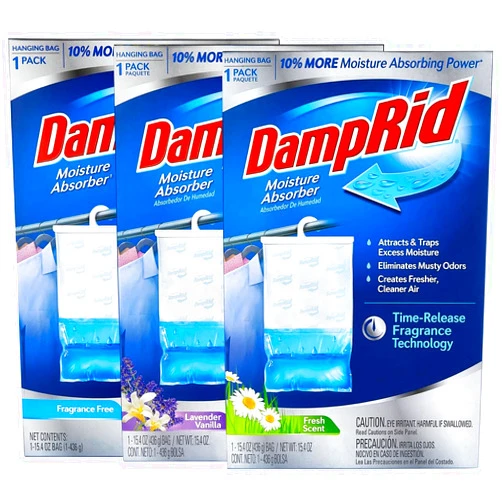 ILIOS Damp Rid Variety Moisture Absorber, 15.4oz 1 Powder Fresh, 1 Lavender Vanilla, & 1 Fragrance Free - Eliminates Odors for Fresher, Cleaner Air, 10% More Moisture Absorbing Power. Ilios Packaging.