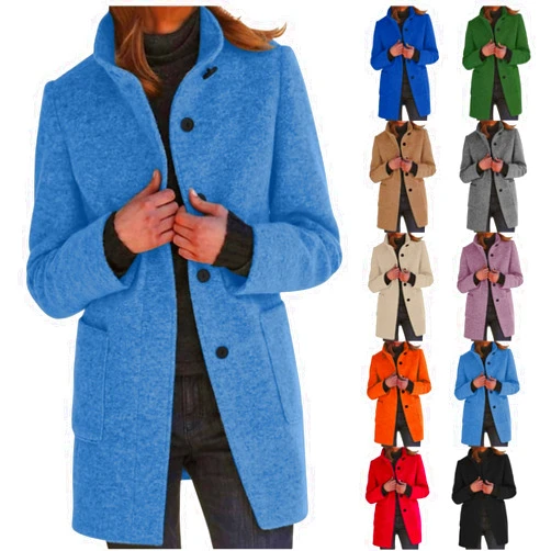Generic Pea Coats for Women Winter Stand Collar Wool Long Trench Coats Casual Single Breasted Blazer Thicken Peacoat Jackets