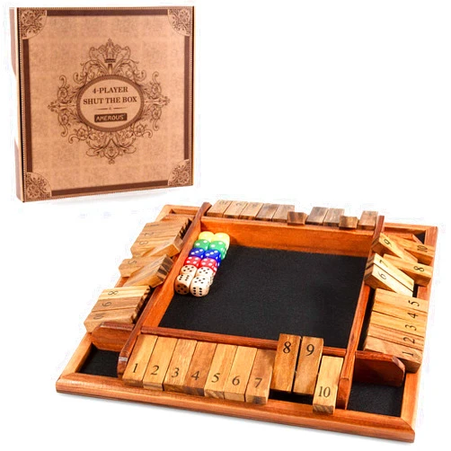 AMEROUS 1-4 Players Shut The Box Dice Game, Wooden Board Table Math Game with 12 Dice and Shut-The-Box Instructions for Kids Adults, Family Classroom Home or Pub (12 Inches)