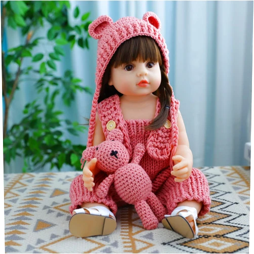 Anyee Lifelike Reborn Baby Dolls 22 Inch Reborn Baby Dolls Silicone Full Body Girl Crochet Knit Bear Doll with Matching Hat and Outfit, Pink, 22 Inches Reborn Toddler Dolls Boys Girls Toys & Gifts