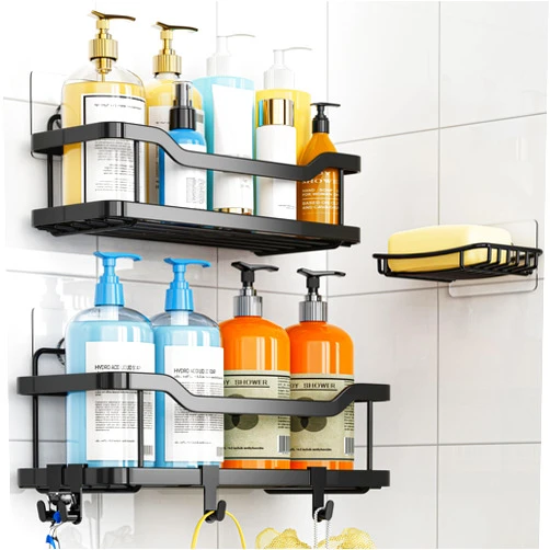 OMAIRA Shower Caddy/Organizer Adhesive Shower Shelf, Rustproof No Drilling SUS304 Stainless Steel for Kitchen Bathroom Shower Storage, Black(X-Large)