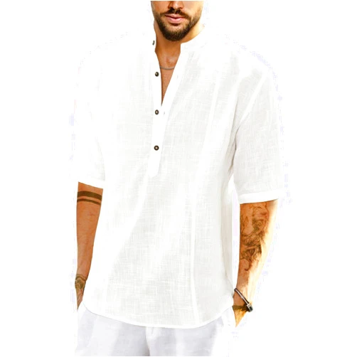 JMIERR Mens Cotton Linen Henley Shirt Casual Button Down Short Sleeve Tropical Shirts Summer Beach T Shirts