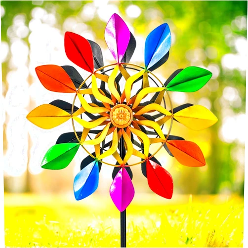 DKJOCKY 63 Inch Kinetic Wind Spinners with Garden Stake Rainbow Metal 360 Swivel Outdoor Wind Sculpture Windmill Decorations Dual Direction Colorful Wind Catcher for Yard Art Garden Lawn