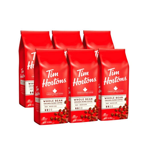 Tim Hortons Whole Bean Original, Medium Roast Coffee, Made with 100% Arabica Beans, 12 Ounce Bag, 6-Pack