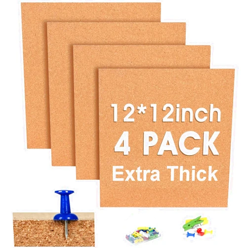 SVOPY Cork Bulletin Square Board for Walls - SVOPY 4 Pack Extra Thick 12x12 Inches Cork Board Tiles for Home Office Decor,School Message Board Decorative Display Boards