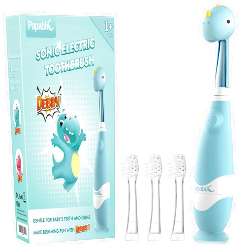 Papablic Toddler Sonic Electric Toothbrush for Ages 1-3 Years, Baby Electric Toothbrush with Cute Dino Cover and Smart LED Timer, 4 Brush Heads (Debby)