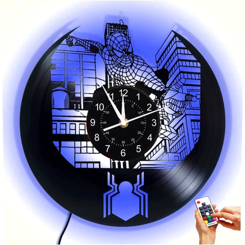 Hlytylh Spider Superhero Vinyl Record Wall Clock - 12-Inch Silent Clock with 7 Color Changing, Ideal Comics Movie Fan Gift for Men (C)