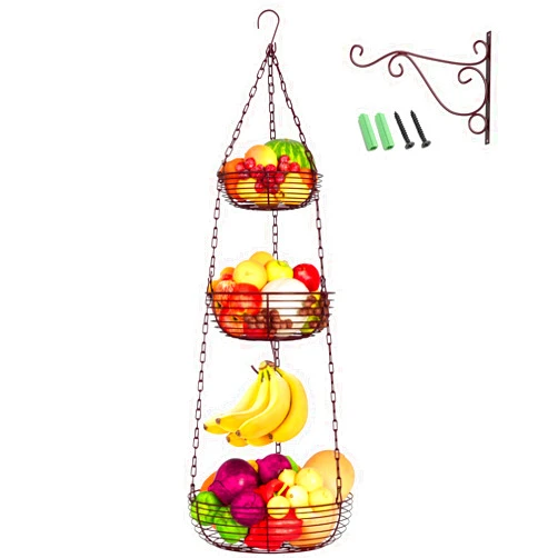 HULISEN 3 Tier Hanging Fruit Basket with Banana Hook, Heavy Duty Wire Hanging Baskets for Kitchen Storage, 36 Inch Hanging Vegetable Produce Basket Organizer (Including Installation Bracket)
