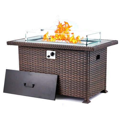 GYUTEI 44in Outdoor Propane Gas Fire Pit Table - 50,000 BTU Fire Pits w/Stainless Steel Burner H-Pipe,CSA Certification, Glass Wind Guard, Glass Beads,and Slide Out Tank Holder for Patio (Dark Brown)
