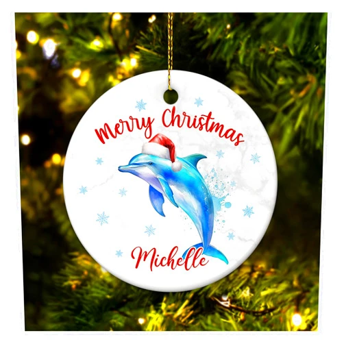 Hyturtle Personalized Christmas Ornament Gifts for Dolphin Lover - Merry Christmas Custom Name Ceramic Ornament - Cute Sea Animal Lover Gifts for Women Kids Family - Xmas Tree Hanging Decoration