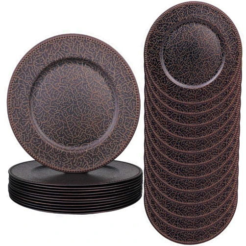 SforGUVA Brown Chargers for Dinner Plates with Beaded, Set of 12 Plastic Bulk Wedding Charger Plates for Thanksgiving, Christmas, Holiday Party Table Setting.