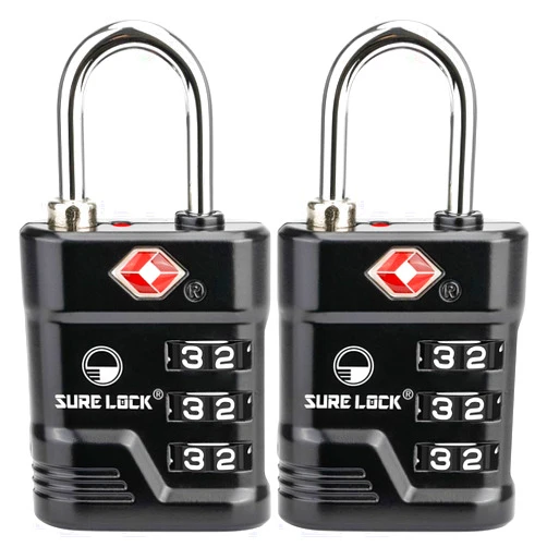 SURE LOCK TSA Locks for Luggage, TSA Approved Luggage Locks with Open Alert, TSA008 Key for High Security, Easy Read Dials, Zinc Alloy Body, Locker Lock for Suitcase, Gym, Travel. (Black 2 pk)