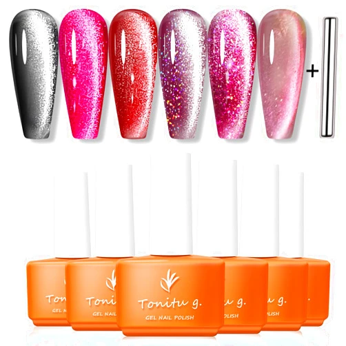 TONITU G · Cat Eye Gel Nail Polish Set 6Pcs Kit, Magnetic Aurora Crystal Red Pink UV LED Soak Off for Salon Manicure and Nail Art DIY Gift for Women