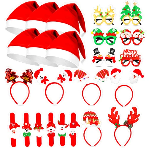 HIKUIBU 24 Pcs Christmas Glasses Christmas Headbands Christmas Hats Kids Wristbands, Cute Hair Hoop Eyeglasses Christmas Decorations, Santa Hats Christmas Photo Props for Xmas Holiday Party Favors Supplies