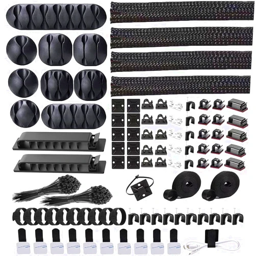 ELII 302PCS Cable Management Kit 4 Cable Sleeve,45Cable Clips,11Cable Holders,20+2Roll Cable Organizer Straps and 200 Fastening Cable Ties,20 Cable Zip Tie Mounts Computer Under Desk (Black)