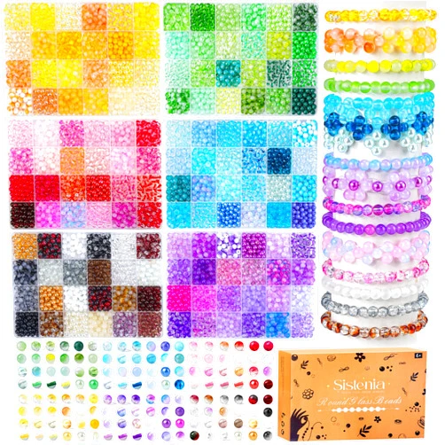 Sistenia 7200PCS 6mm Glass Beads Bracelet Making Kit, 144 Colors Assorted Crystal Beads for Bracelets and Jewelry Making, Round Crackle Glass Beads for DIY Necklace Friendship Bracelets Earring Crafts