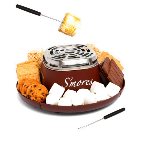Nostalgia Tabletop Indoor Electric S'mores Maker - Smores Kit With Marshmallow Roasting Sticks and 4 Trays for Graham Crackers, Chocolate, and Marshmallows - Movie Night Supplies - Brown