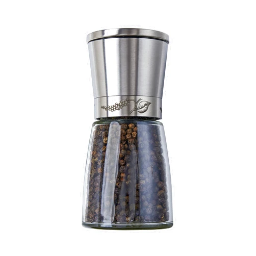 Selefina Spices: Manual Pepper/Salt Grinder (Spice Mill) with Adjustable Ceramic Blades. Glass body with stainless steel. Easy to fill, use and clean, 6oz.