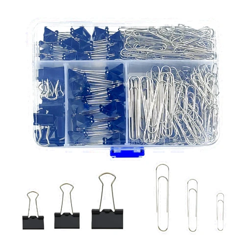 HIQU and HIST Binder and Paper Clips Set, 340 pcs Assorted Sizes in Container With Compartments - Silver Paper and Black Binder Clips for Home, School, Office Supplies