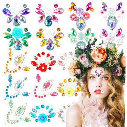 BASEMMAHER 17Pcs Face Eyes Gems Tattoo Stickers 3D Flowers Rhinestone Crystal Pearl Mermaid Diamond Forehead Sticker Glitter Self Adhesive Eyeliner Makeup Decals for Women Girls Rave Festival Party