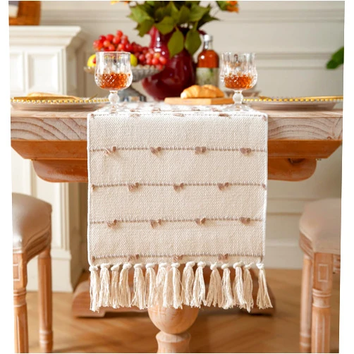 Caflife Boho Table Runner 90 Inchs Long for Modern Farmhouse Room Home Decor, Taupe and Beige Coffee Table Runner, Natural Cotton Woven with Tassels Neutral, for Kitchen Dining Table Decor